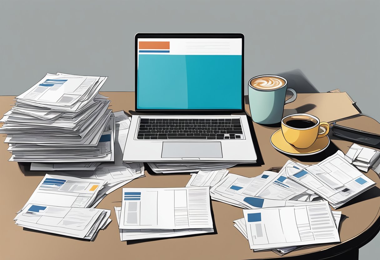 A stack of political campaign mailers scattered across a cluttered desk, with a laptop and coffee mug in the background