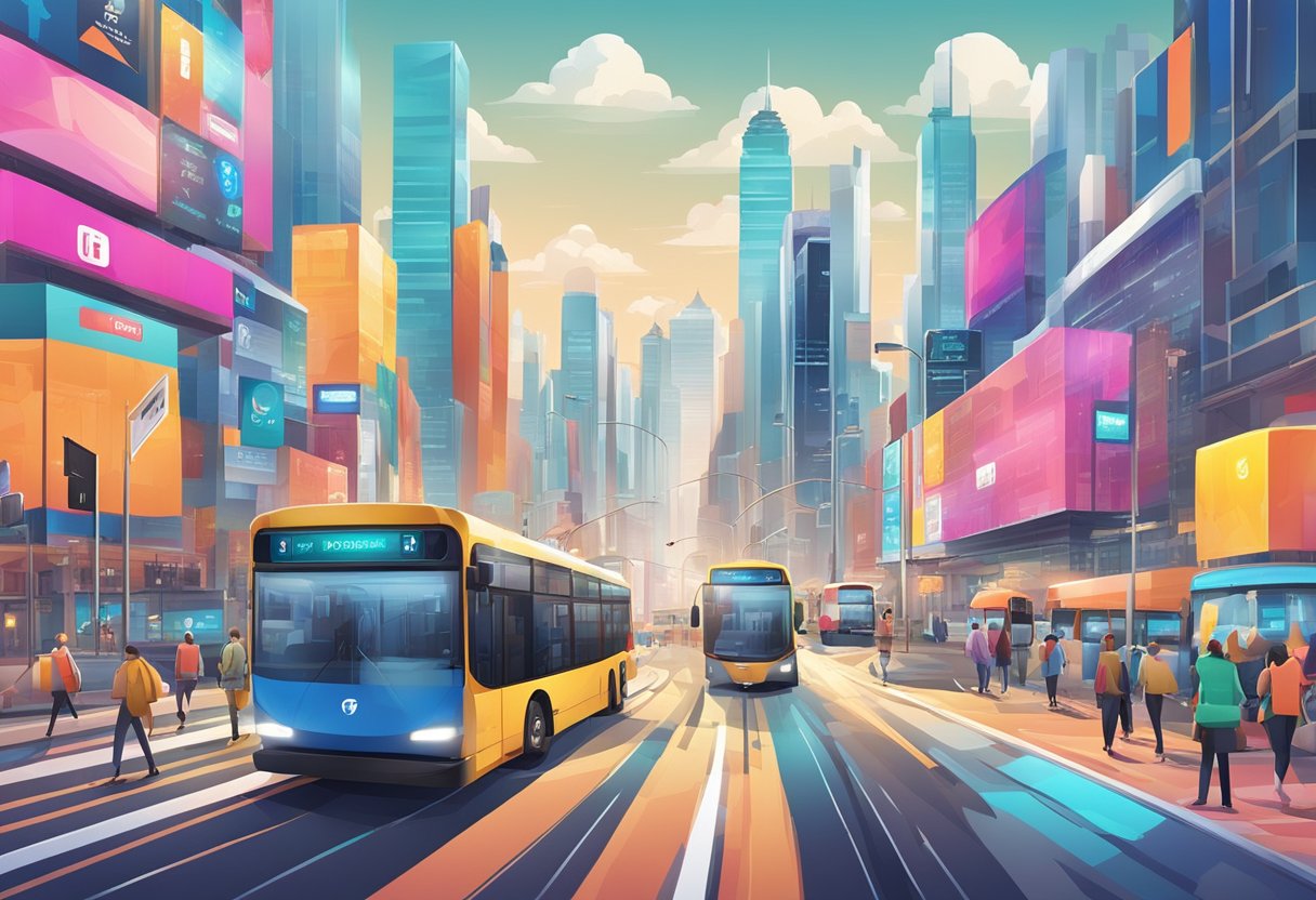A vibrant city skyline with billboards, buses, and bustling streets, surrounded by digital screens and social media icons