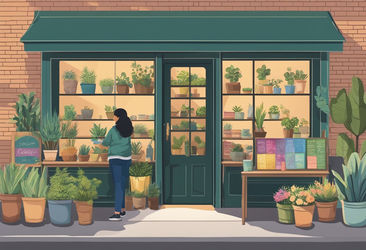 A cozy storefront with a chalkboard sign, potted plants, and a colorful display of printed materials. A customer browses the selection