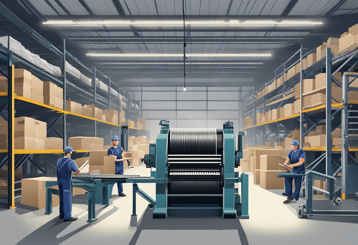 A large printing press in a warehouse with stacks of paper and ink drums. Workers operating machinery and packaging finished products