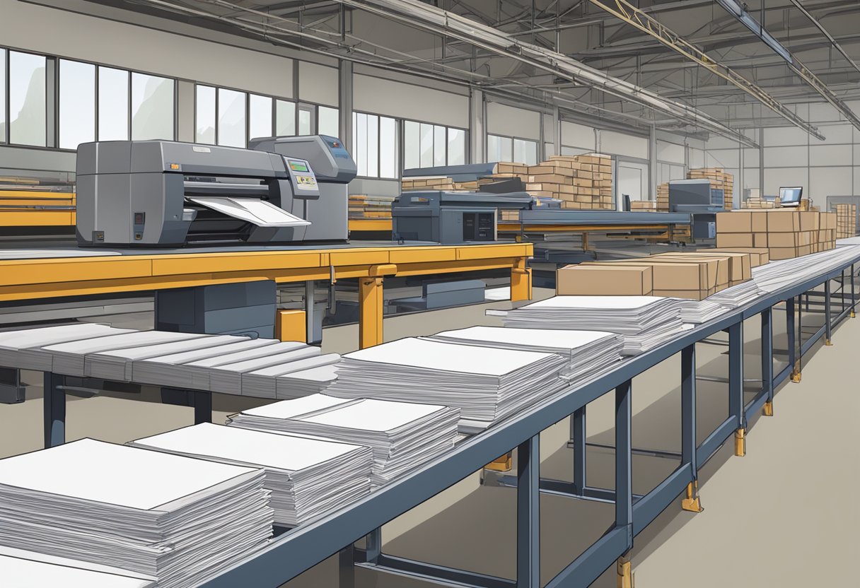 A table with stacks of envelopes, a printer, and a conveyor belt in a warehouse