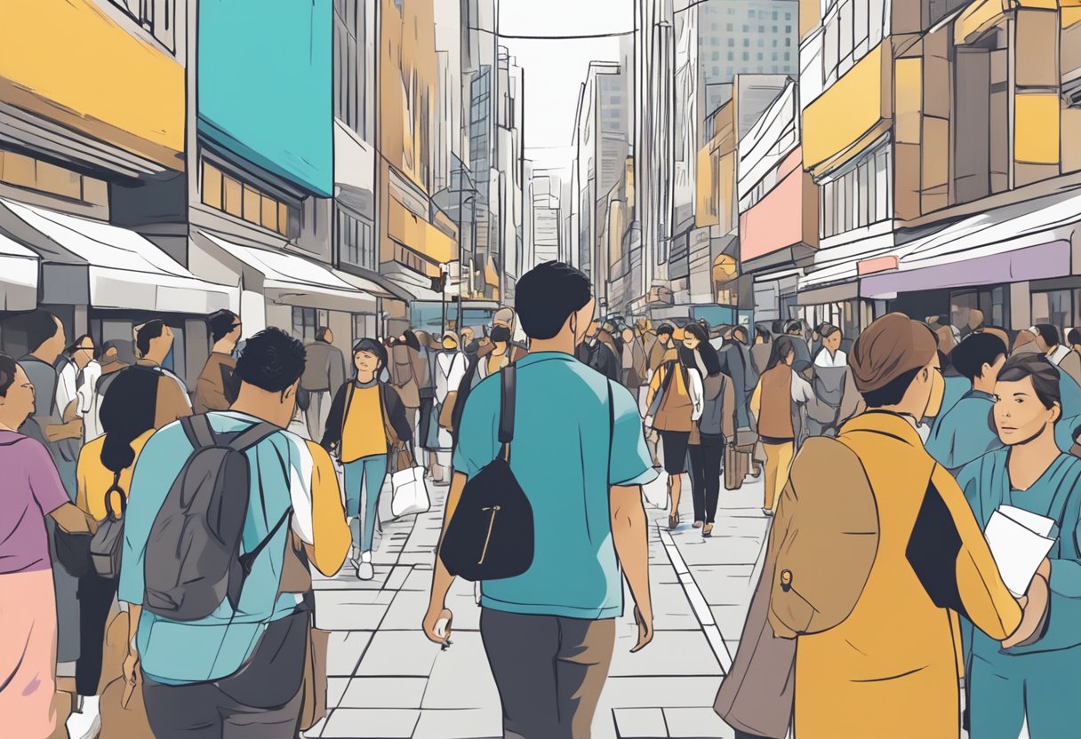 A person walks through a busy city, handing out flyers to passersby. The streets are bustling with people and traffic