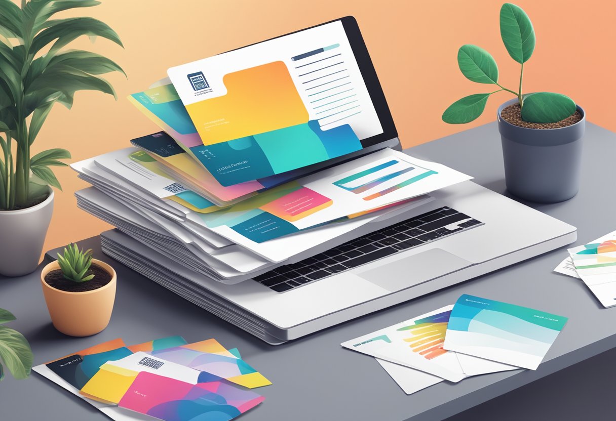 A stack of colorful business marketing postcards arranged on a sleek, modern desk with a laptop and a potted plant in the background